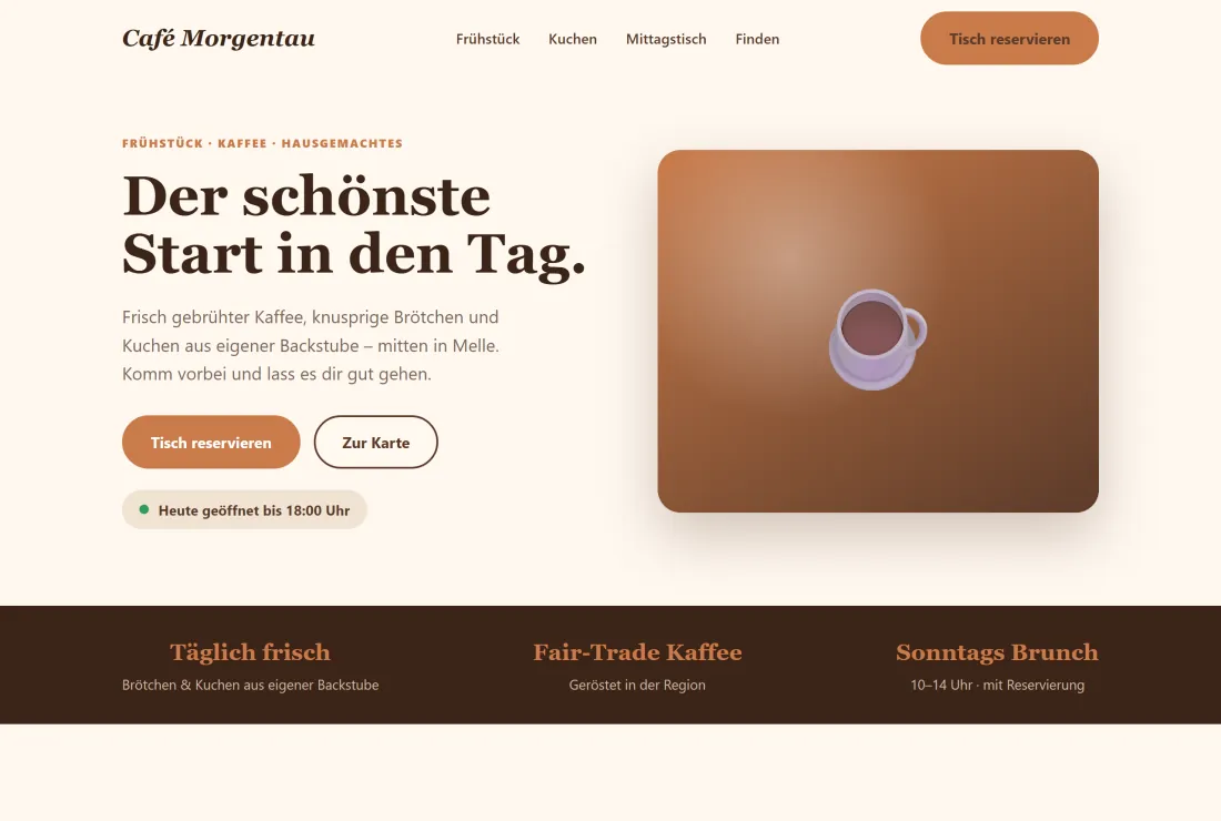 Muster-Website für ein Café mit Frühstück und hausgemachtem Kuchen